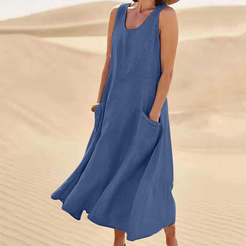 Women's beige relaxed summer dress with pockets, breathable fabric, casual beach silhouette