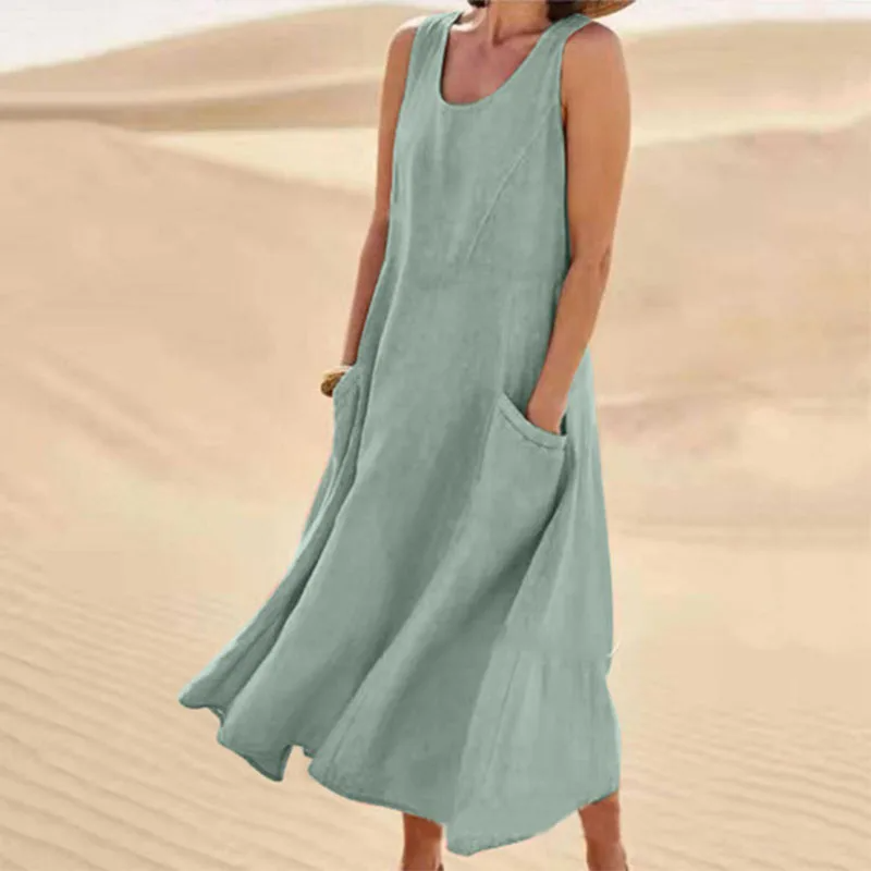 Women's beige relaxed summer dress with pockets, breathable fabric, casual beach silhouette