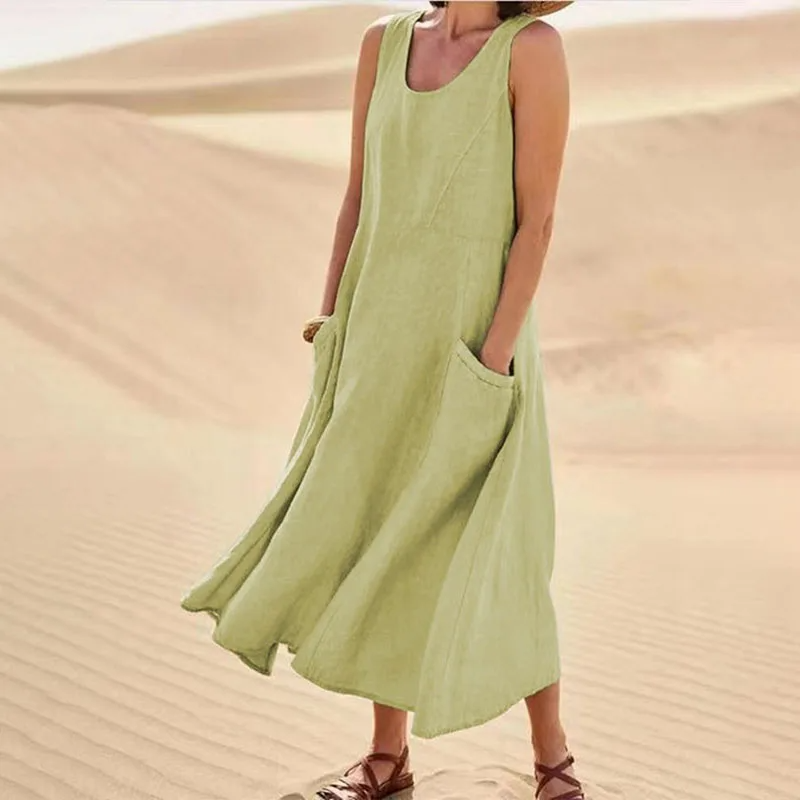 Women's beige relaxed summer dress with pockets, breathable airy fabric for beach and casual wear