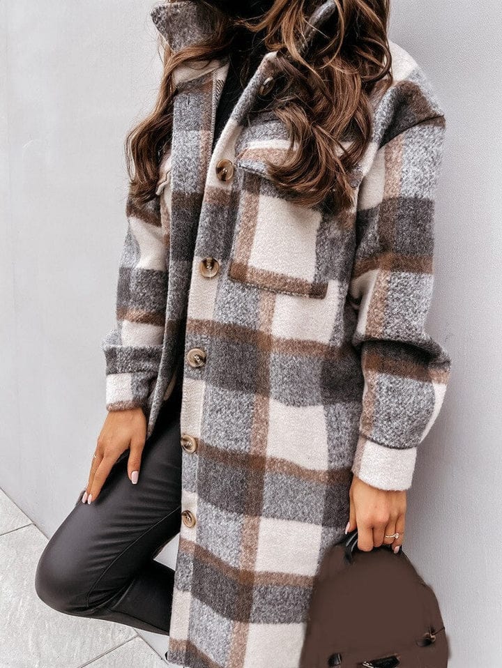 Women's plaid jacket classic check pattern casual chic versatile outerwear relaxed fit