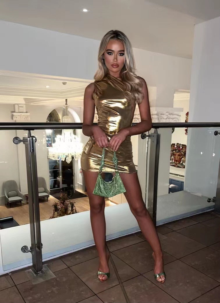 Women's silver metallic one-shoulder bodycon mini dress with high-shine reflective finish
