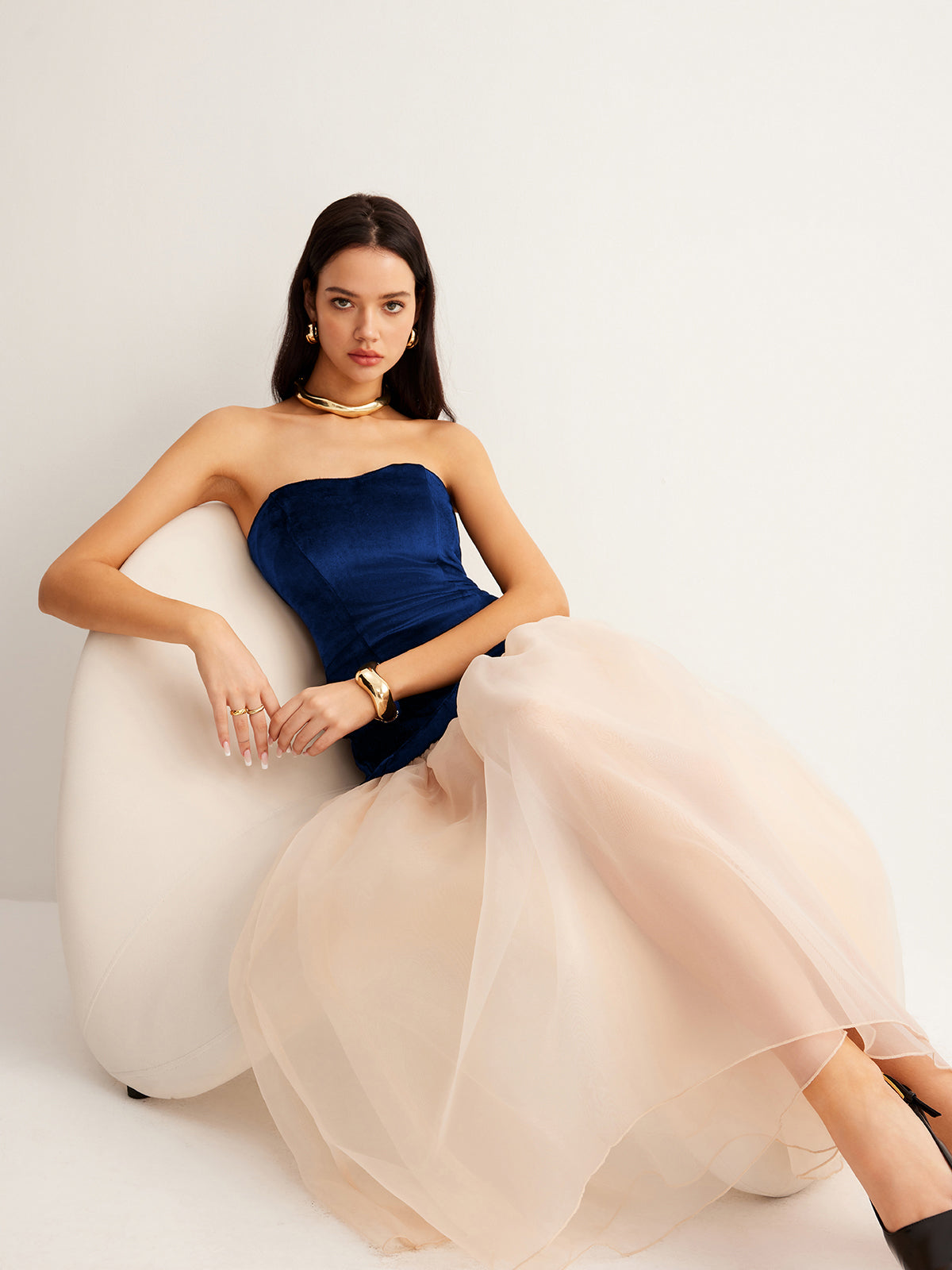 Black velvet panel mesh maxi dress with semi-sheer contrast panels for formal evening occasions