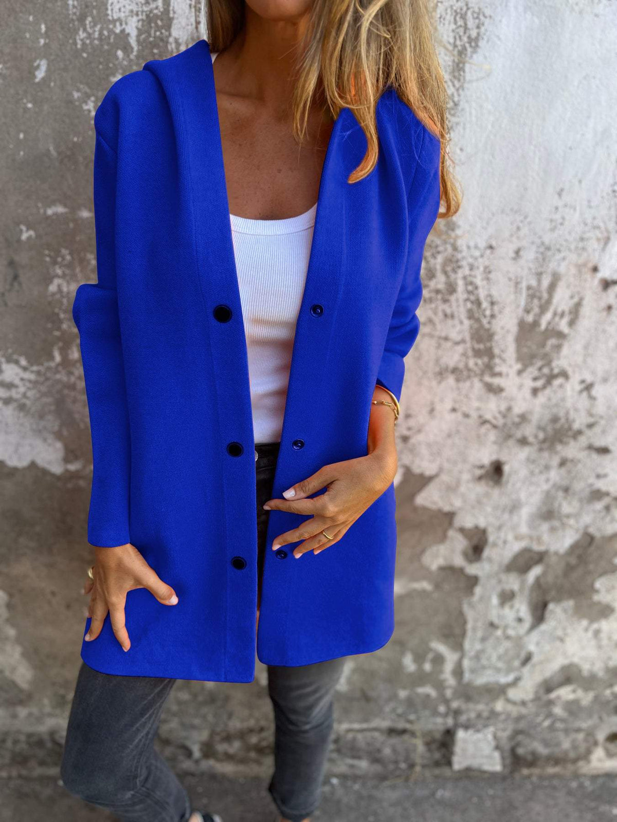Women's casual hooded cardigan in cozy cotton blend with relaxed fit and button closure