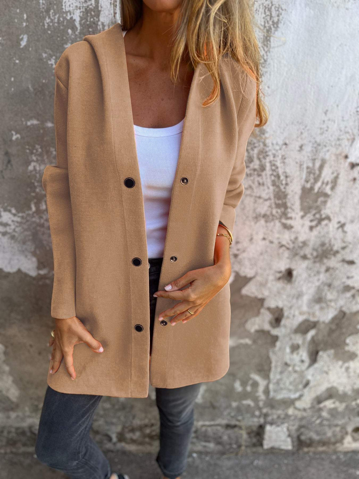 Women's cozy cotton blend hooded cardigan relaxed fit with button closure in casual everyday style