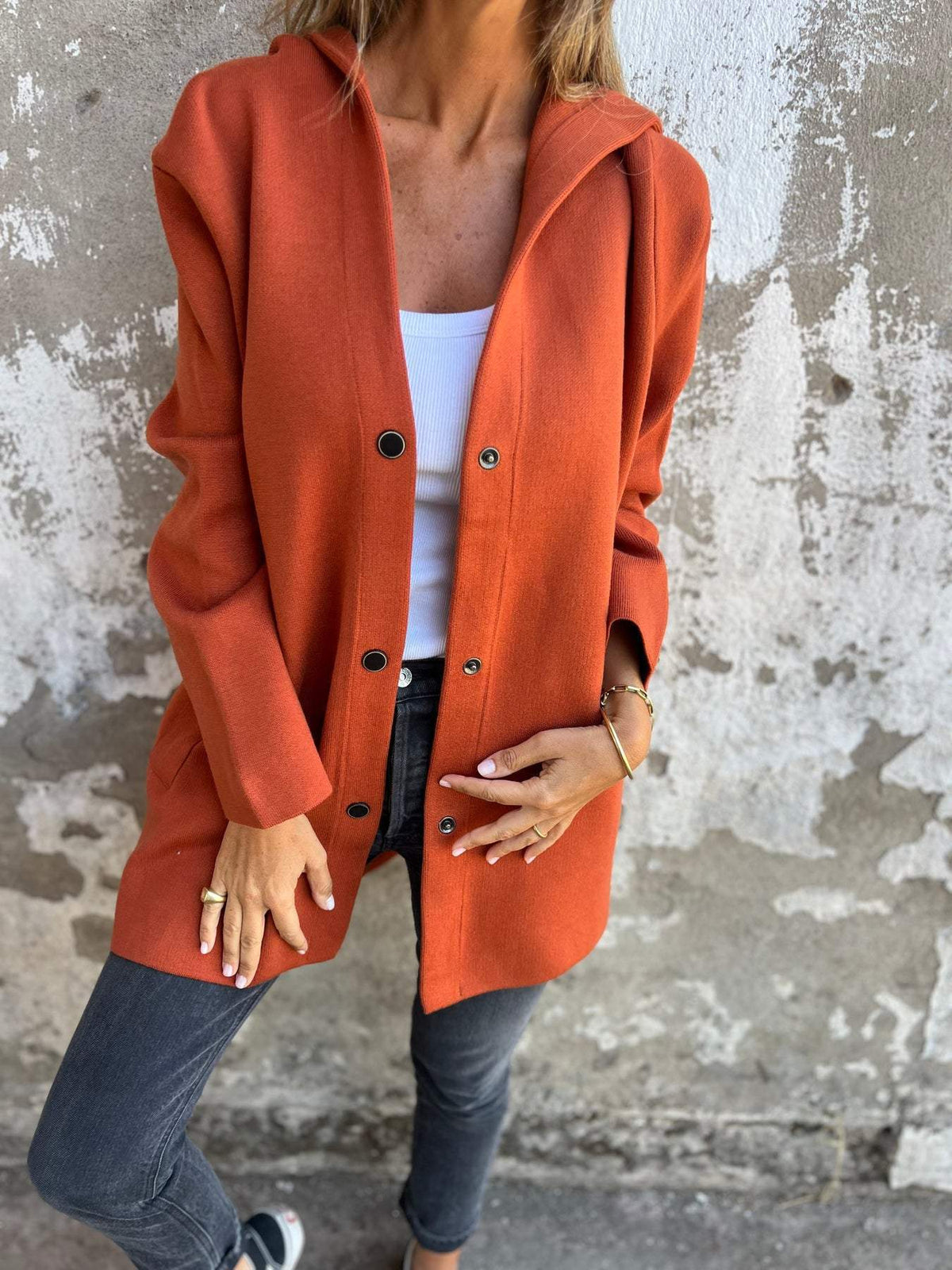 Women's cozy cotton blend hooded cardigan relaxed fit with button closure in casual everyday style