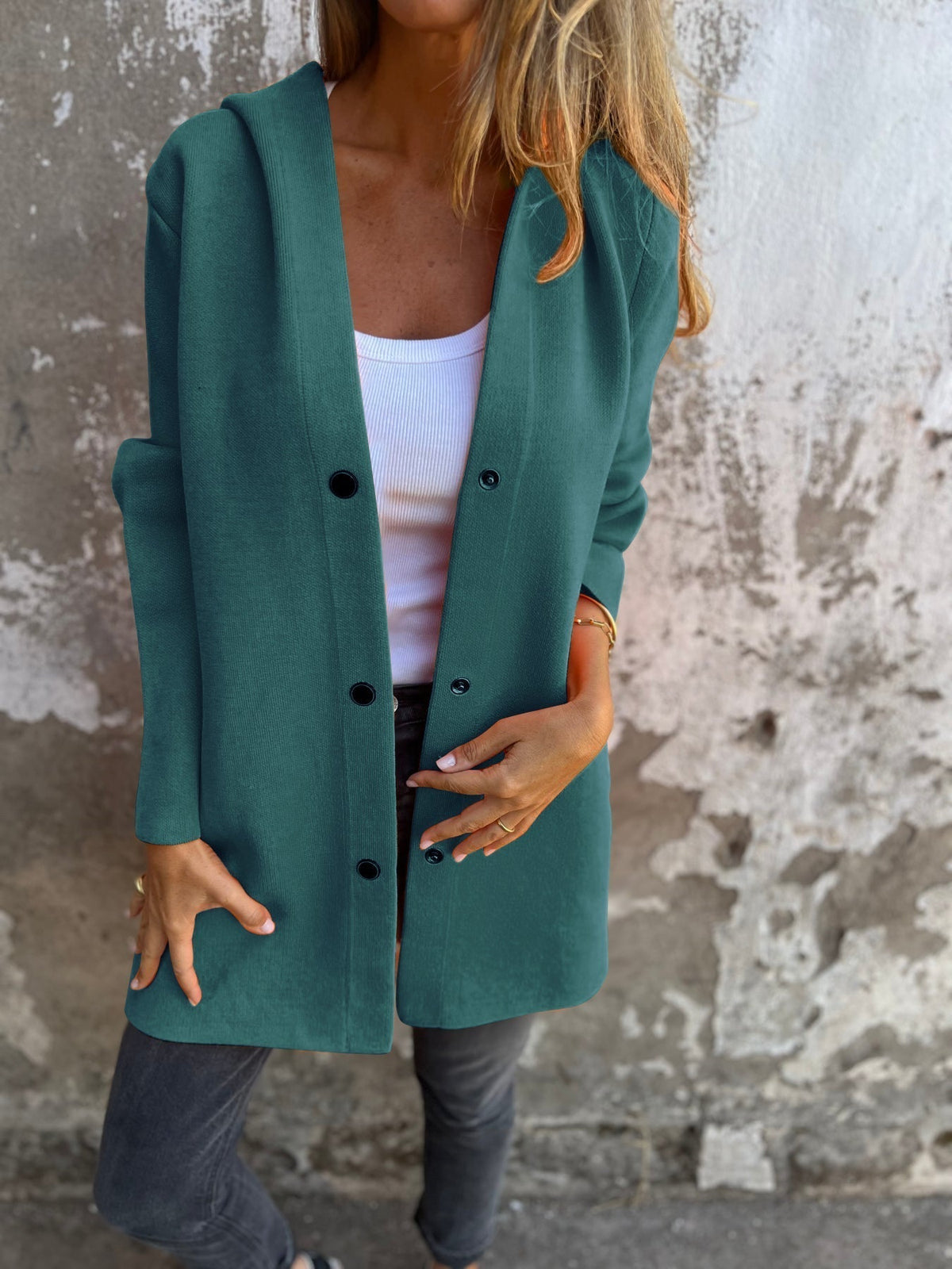 Women's casual hooded cardigan in cozy cotton blend with relaxed fit and button closure