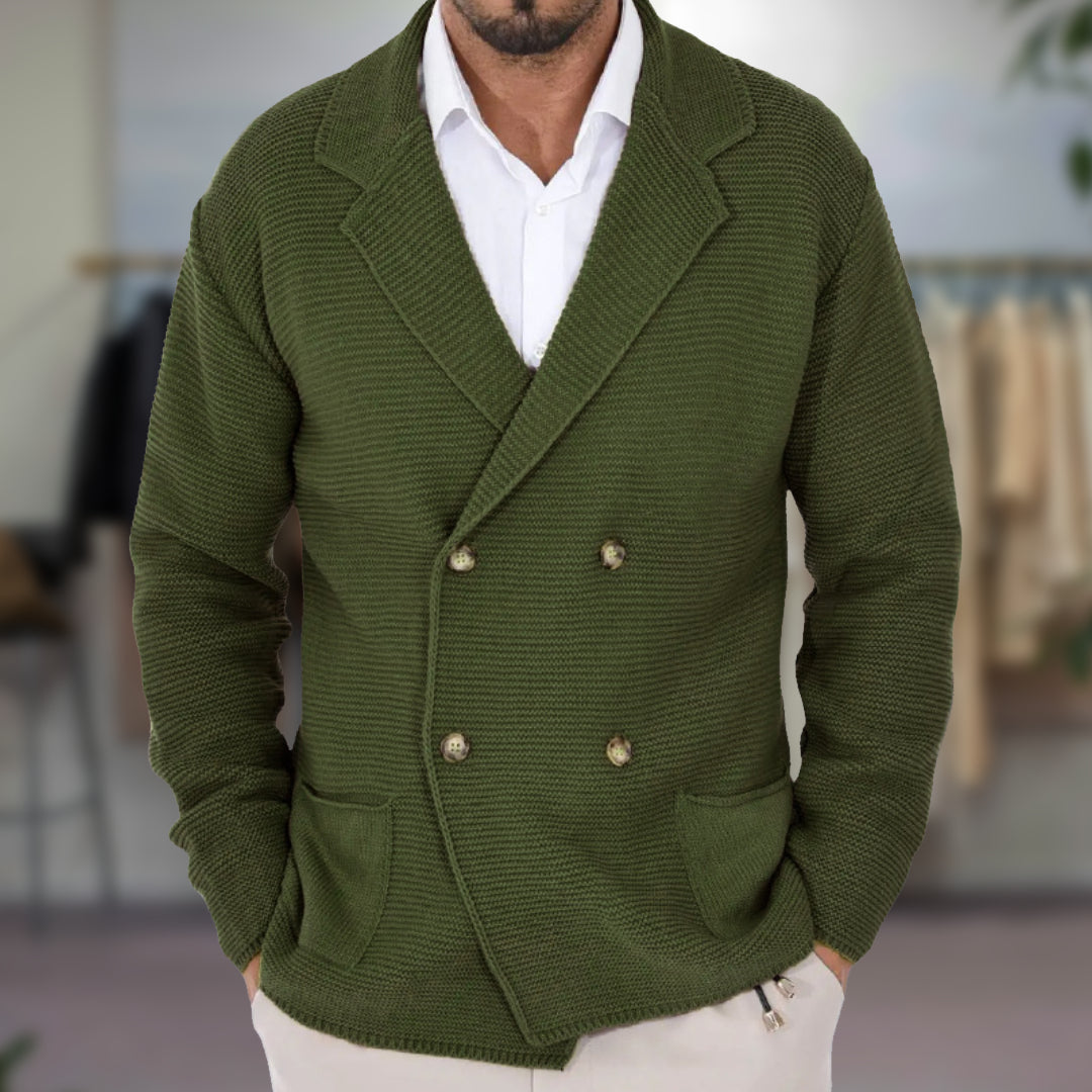 Men's double-breasted knit blazer structured fit neutral tone casual smart button detail