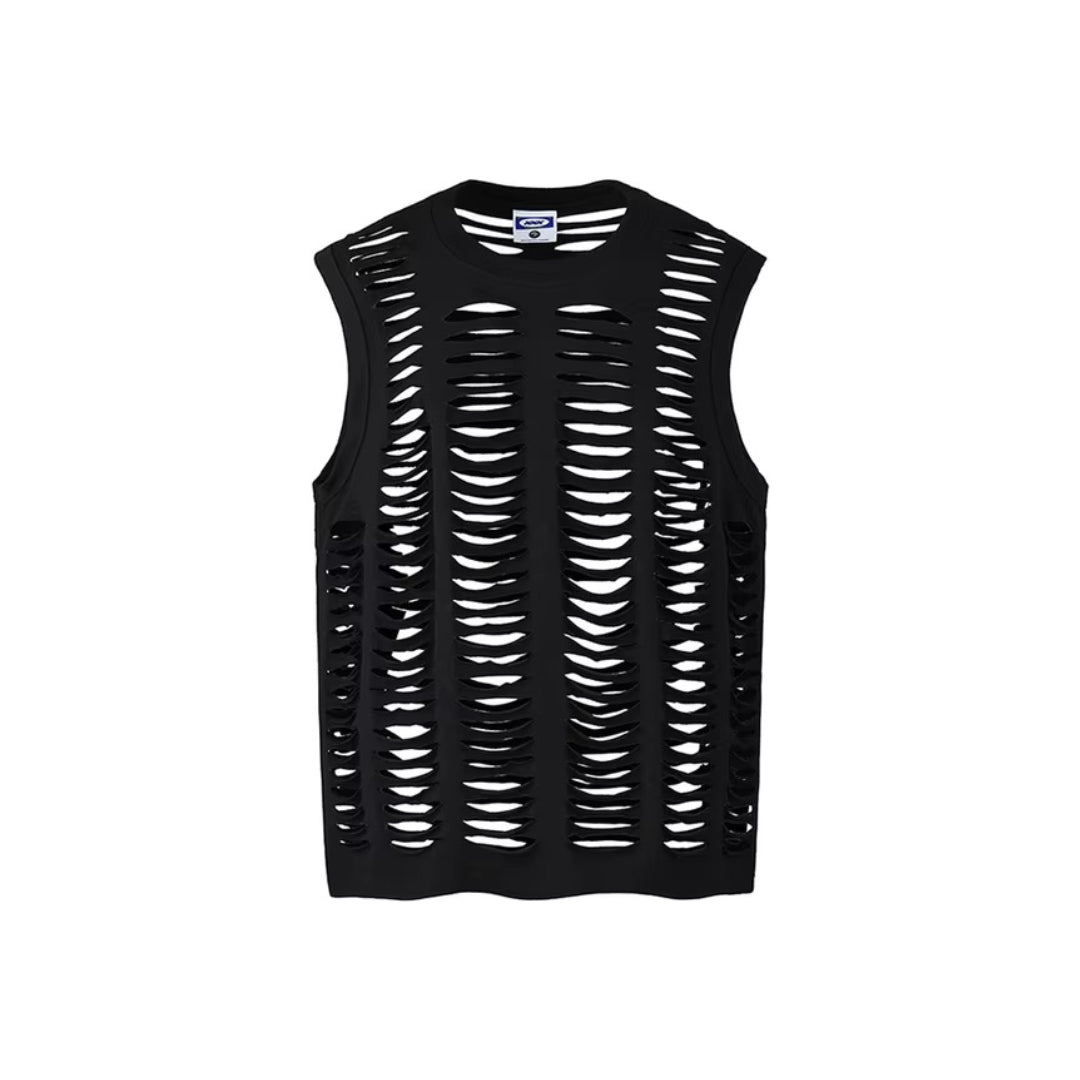 Destroyed cotton tank top loose fit round neck with raw frayed edges and open cuts streetwear style