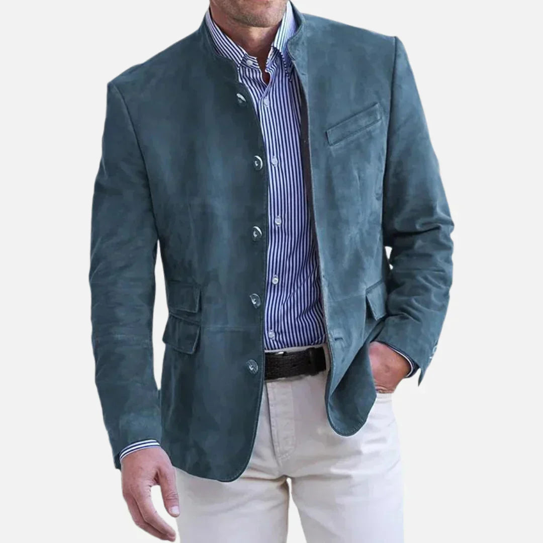 Men's tailored mandarin collar blazer jacket with single-breasted button front Italian style