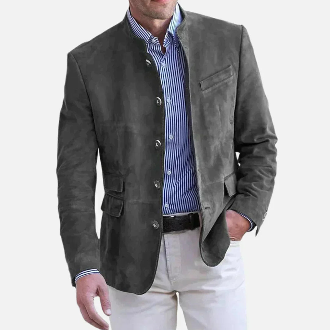 Men's navy tailored mandarin collar blazer jacket with single-breasted button front Italian style