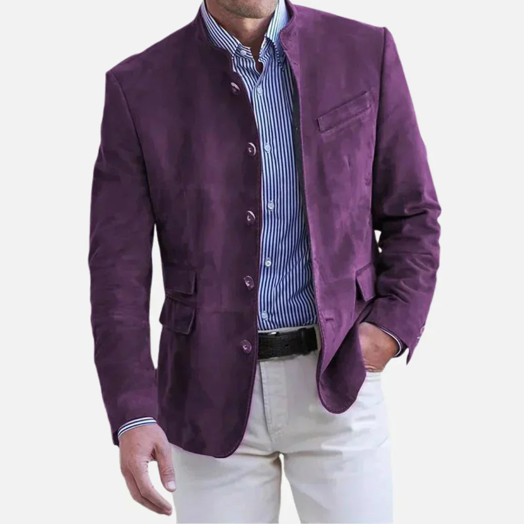 Men's tailored mandarin collar blazer jacket with single-breasted button front and Italian-style slim cut