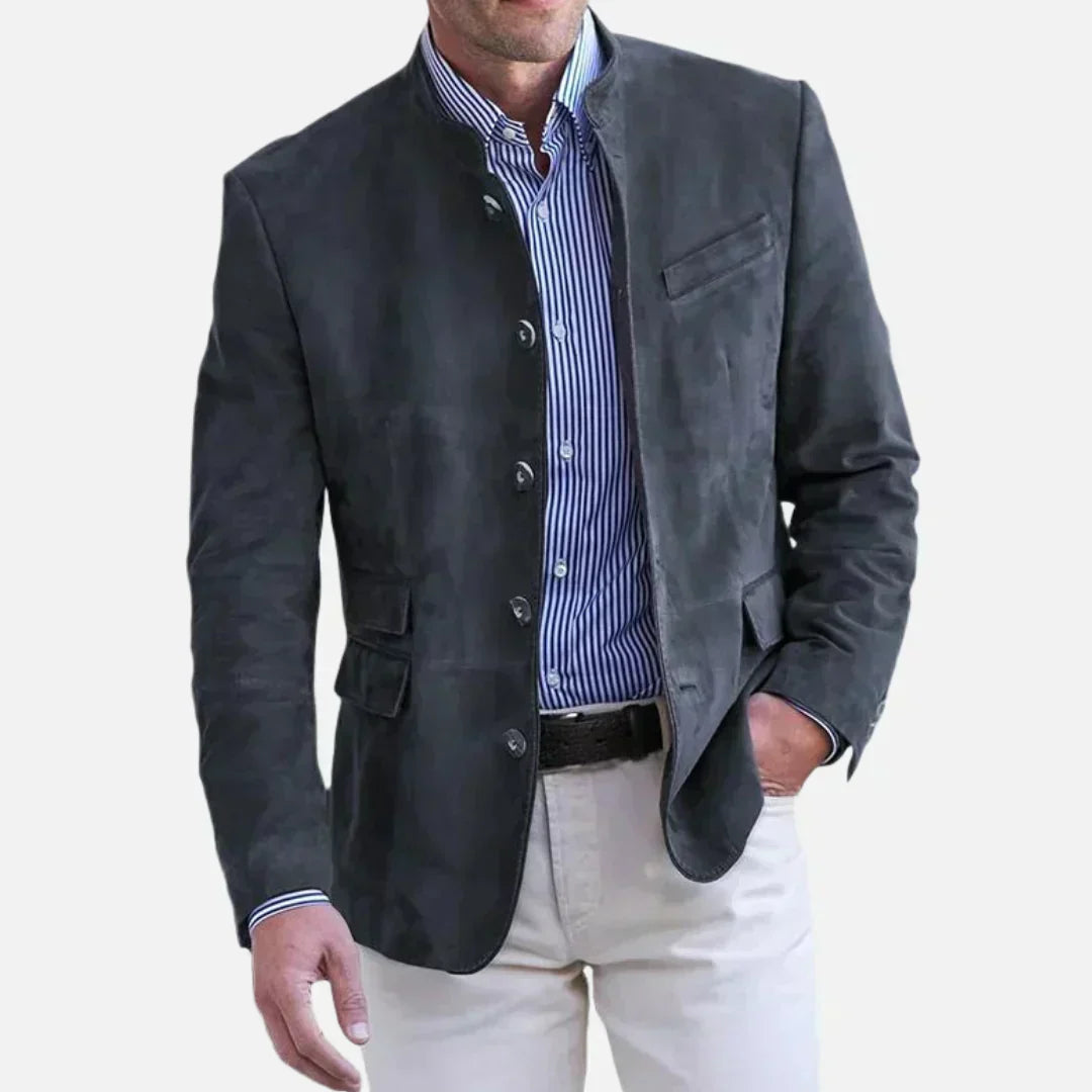 Men's navy tailored mandarin collar blazer jacket with single-breasted button front Italian style