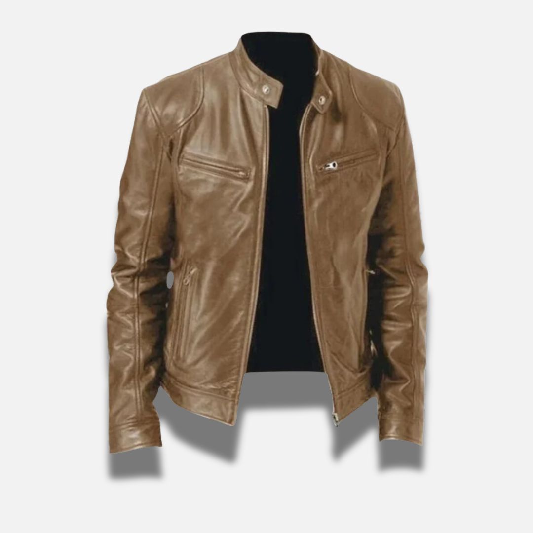 Men's black slim fit premium leather racer jacket with band collar and zipper pockets