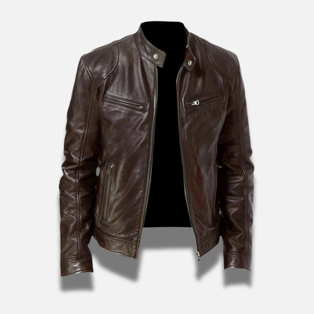 Men's black slim fit premium leather racer jacket with band collar and zipper pockets