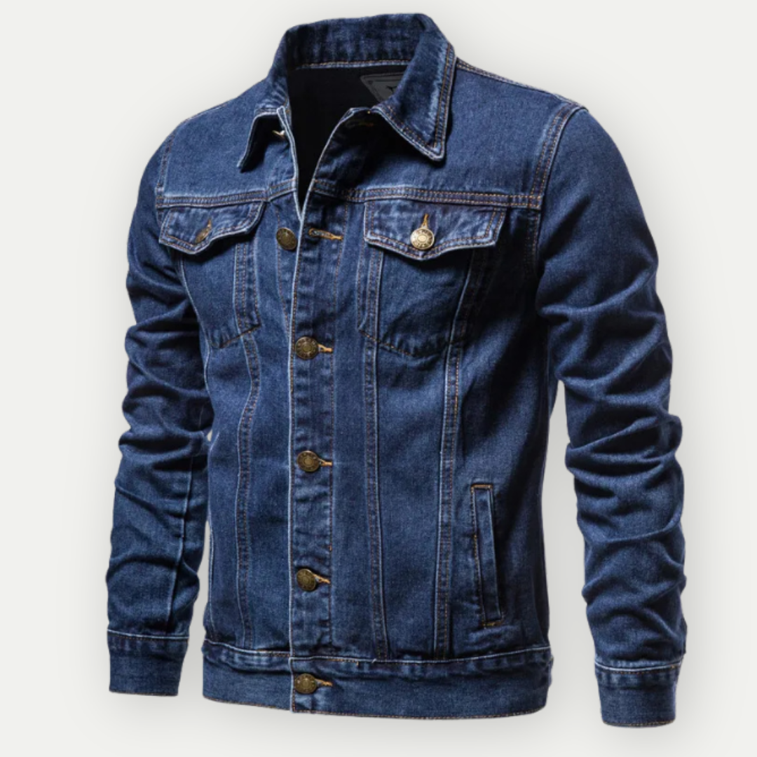 Men's light blue regular fit denim jacket with classic collar and structured cotton silhouette