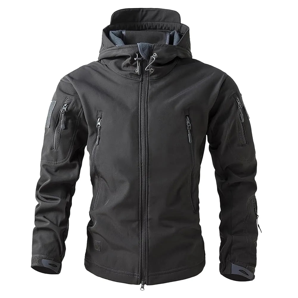Men's black tactical softshell jacket weatherproof slim-fit with multi-pocket utility design