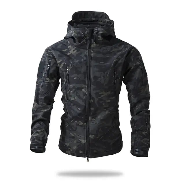 Men's black tactical softshell jacket weatherproof slim-fit with reinforced panels for outdoor professionals