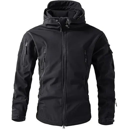Men's black tactical softshell jacket weatherproof slim-fit with multi-pocket outdoor professional design