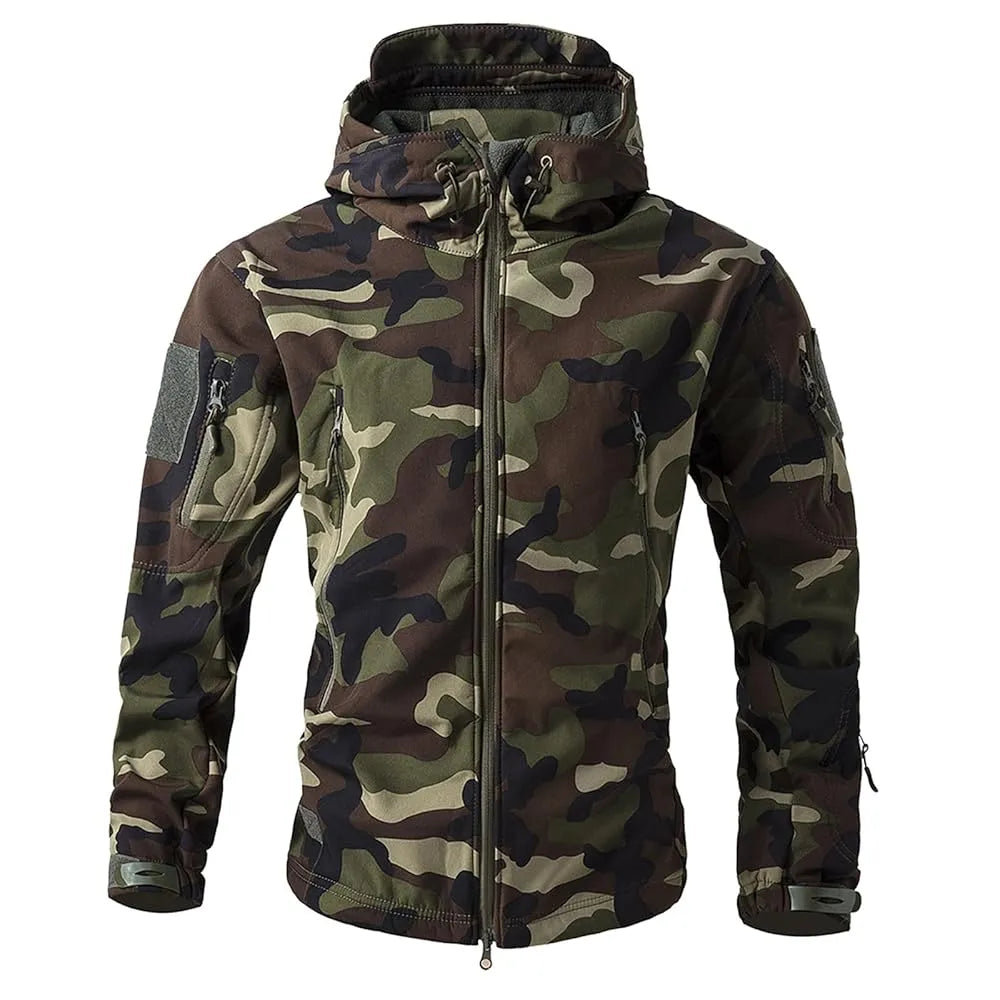 Men's black tactical softshell jacket weatherproof slim-fit with multi-pocket utility design