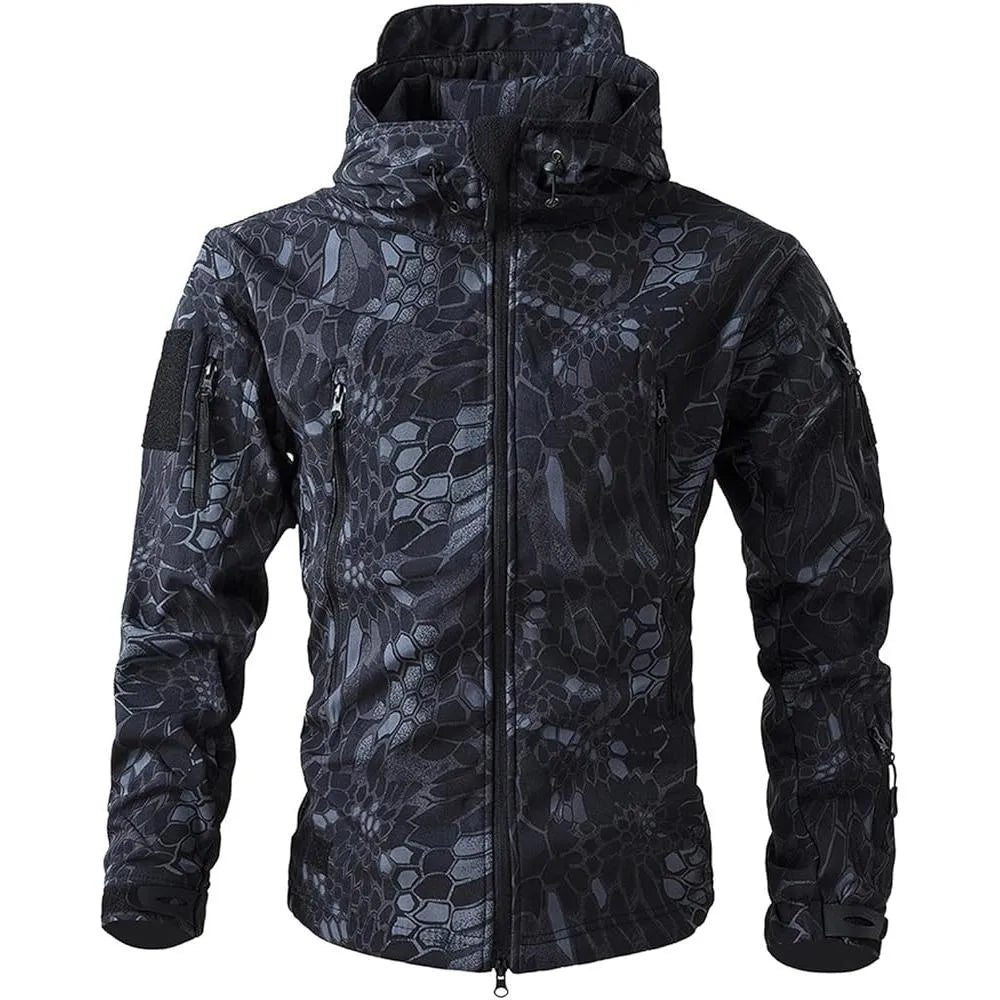 Men's black tactical softshell jacket weatherproof slim fit with multi-pocket design for outdoor professionals