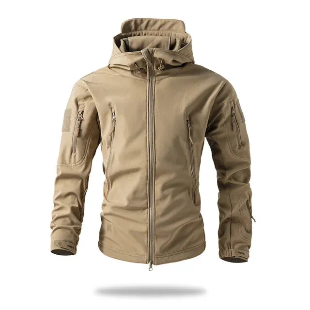 Men's black tactical softshell jacket weatherproof slim-fit design with moisture-wicking fabric for outdoor pros