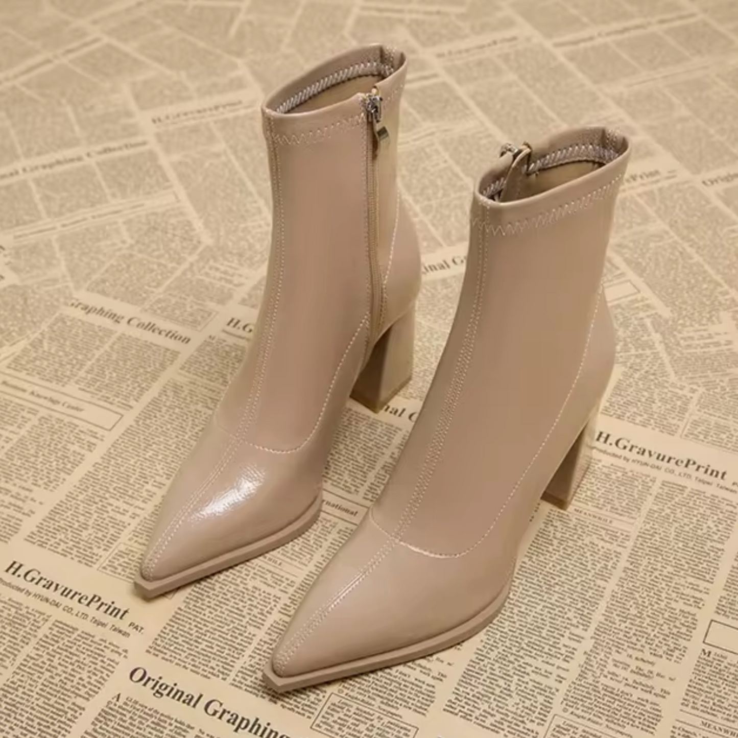 Women's black genuine leather ankle boots pointed toe block heel zipper closure daily wear