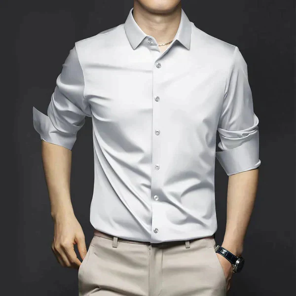 Men's slim fit satin long sleeve dress shirt in luxurious shiny finish for elegant everyday wear