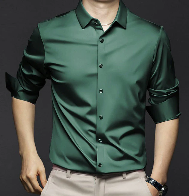 Men's slim fit satin long sleeve dress shirt with smooth shiny finish for elegant everyday wear