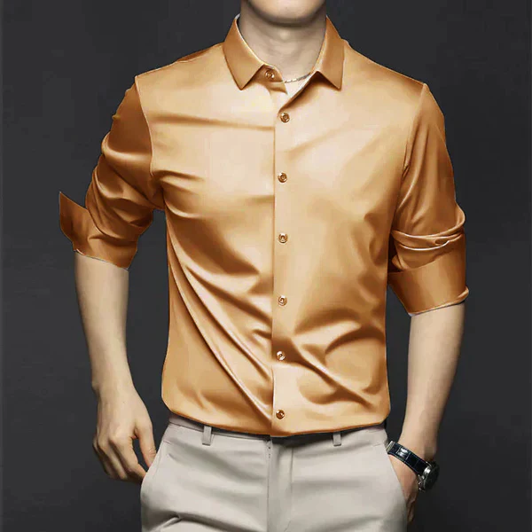 Men's slim fit satin long sleeve dress shirt luxurious soft touch shiny finish elegant versatile