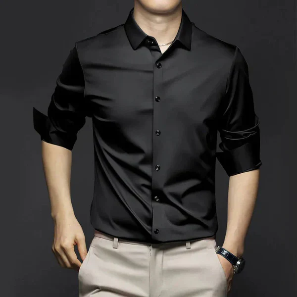 Men's slim fit satin long sleeve dress shirt with smooth shiny finish for elegant everyday wear