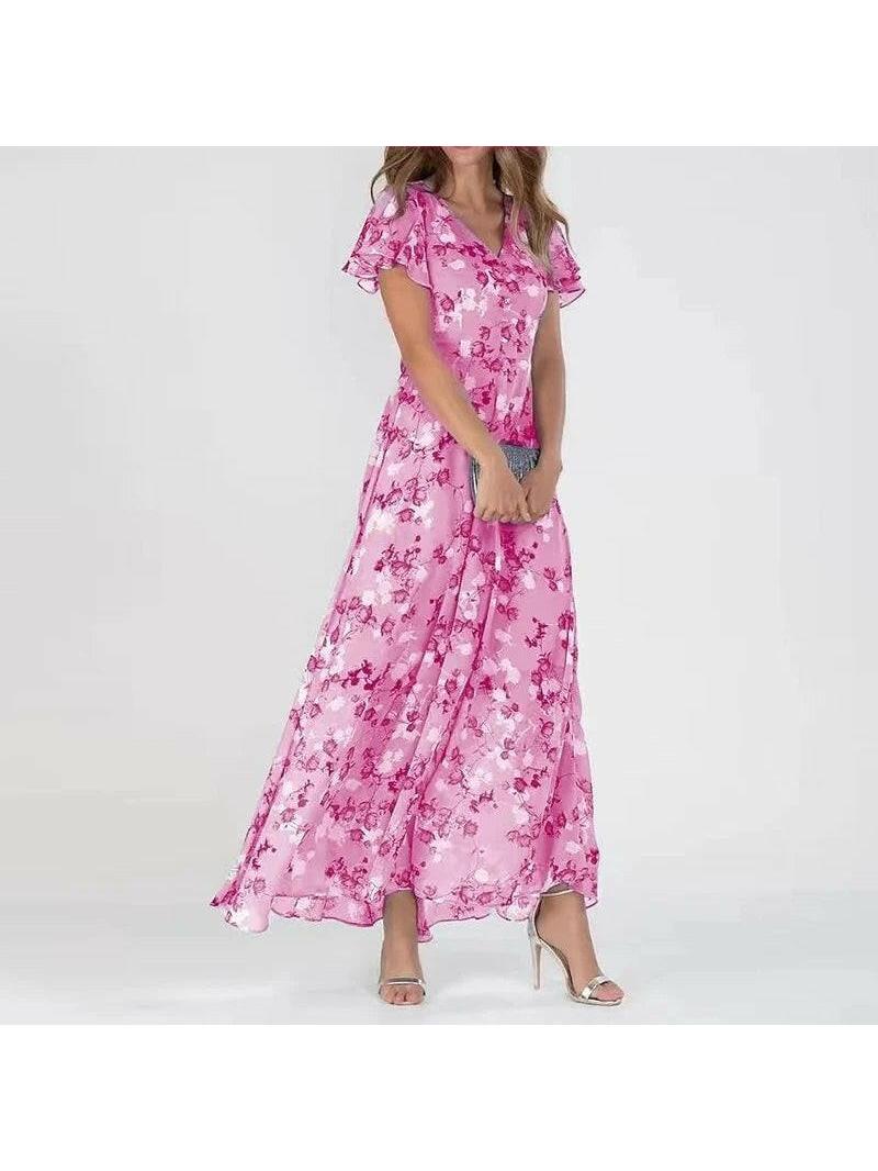 Colorful maxi dress with tummy-covering silhouette, lightweight cotton blend, vibrant statement print