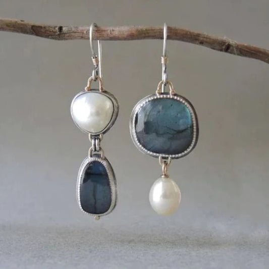 Azura™ | Vintage Blue Gem & Pearl Earrings - Urbann-Vibe