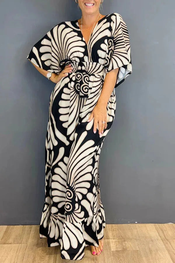 Women's boho jumpsuit V-neck wide sleeves smocked waist wide-leg cotton blend summer style
