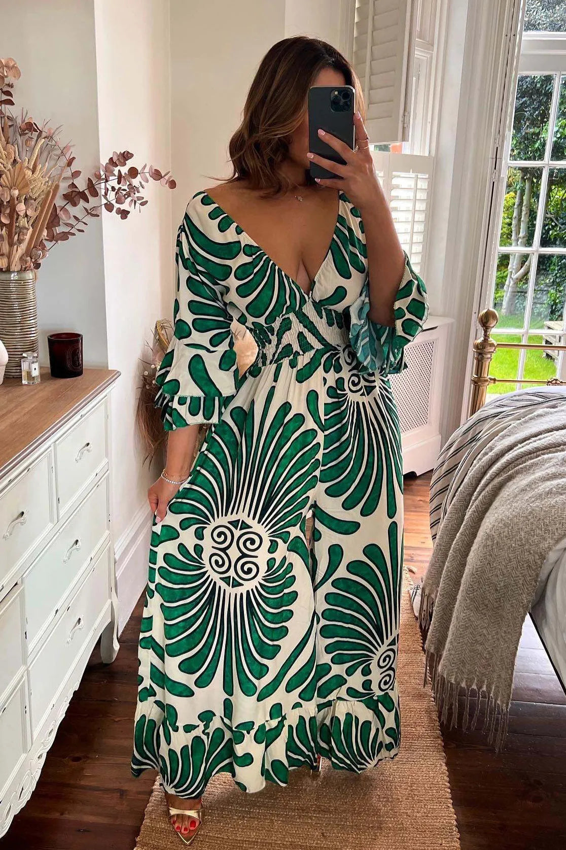 Women's boho jumpsuit V-neck wide sleeves smocked waist wide-leg cotton blend summer style