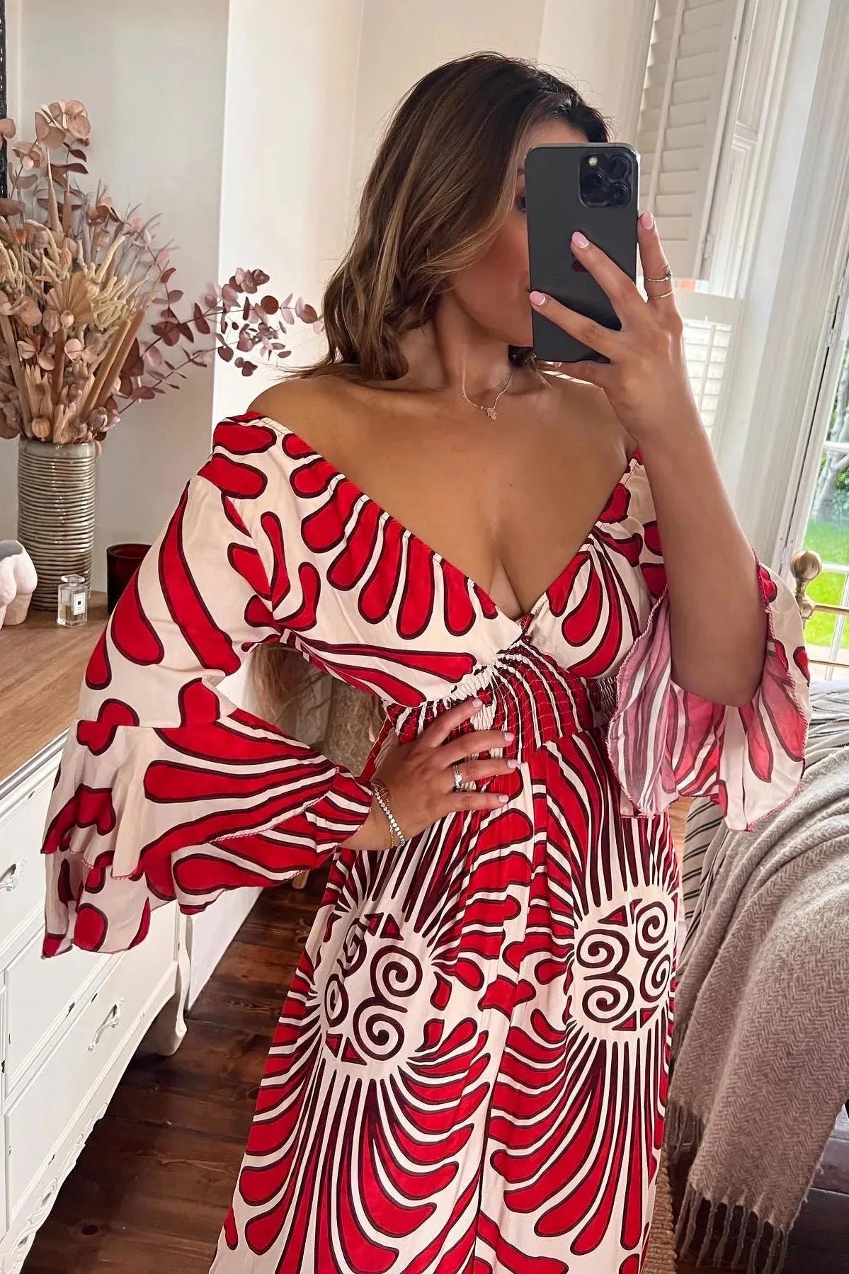 Women's boho jumpsuit V-neck wide sleeves smocked waist wide-leg cotton blend summer style