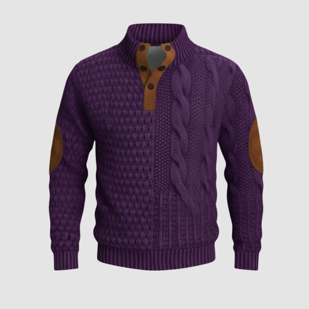 Men's cable knit high collar sweater with suede leather accents, regular fit versatile style