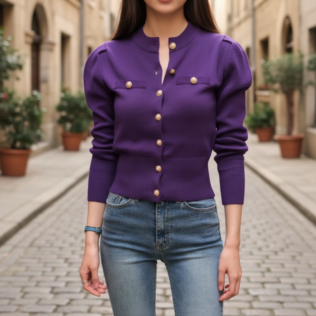 Women's mixed fabric cardigan with front button closure, structured silhouette for office style