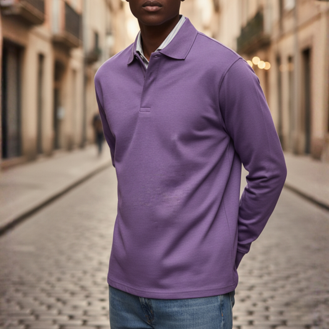 Men's long sleeve polo shirt button collar soft comfortable fabric classic fit for cooler days