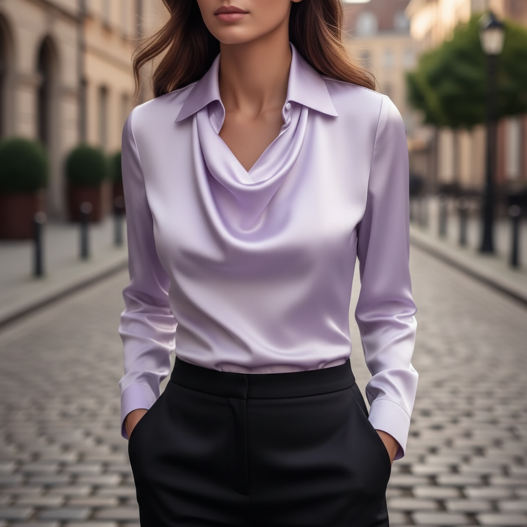 Women's cowl neck long sleeve top in versatile colors, elegant drape for formal or casual wear