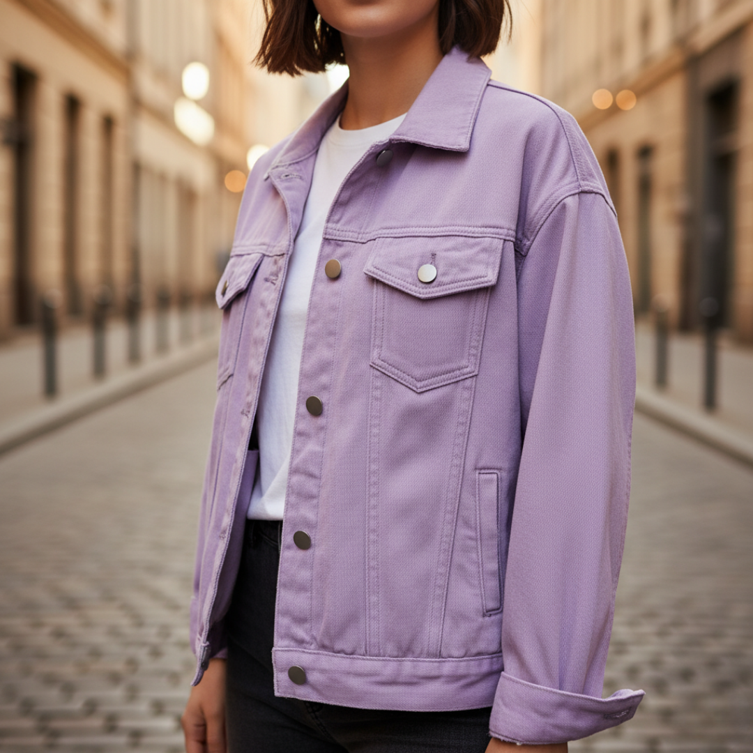 Women's pink denim-style jacket polyester blend with metal buttons and functional pockets
