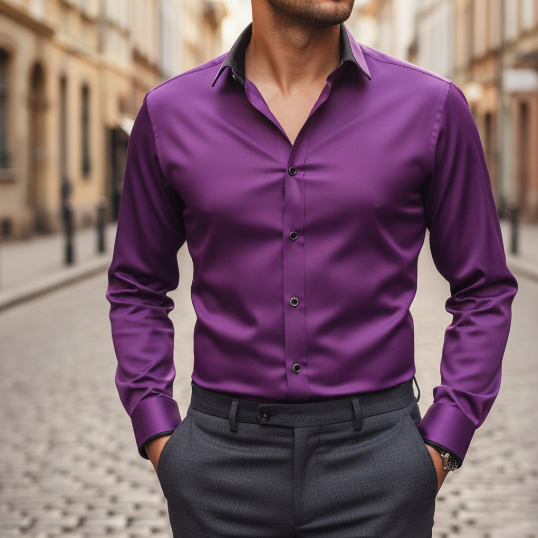 Men's slim fit dress shirt blue breathable fabric contrast collar formal semi-formal occasion