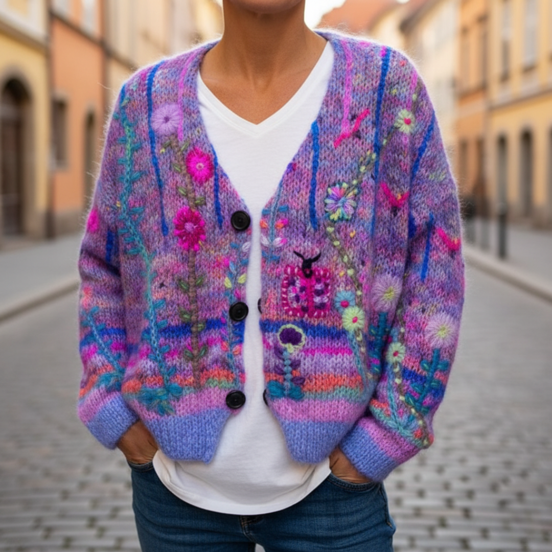 Women's chunky knit V-neck cardigan sweater with colorful floral embroidery, oversized cozy fit