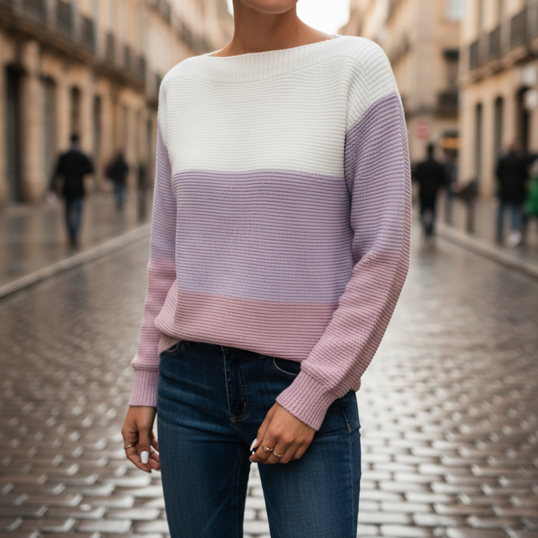 Women's relaxed-fit color block knit sweater with multicolor blue green beige pink stripes