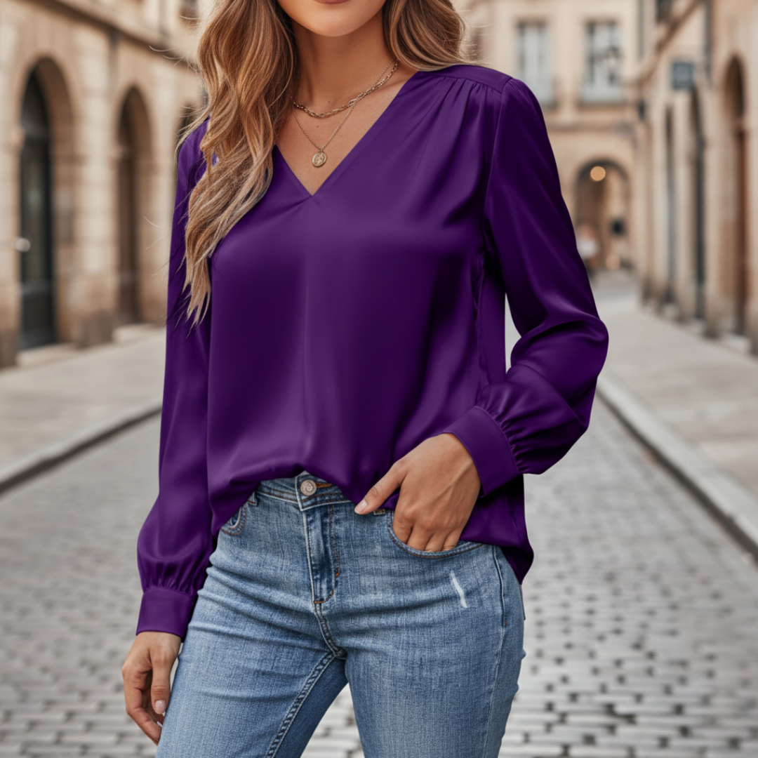 Women's satin long sleeve V-neck blouse, silky lightweight fabric with front closure for elegant office wear