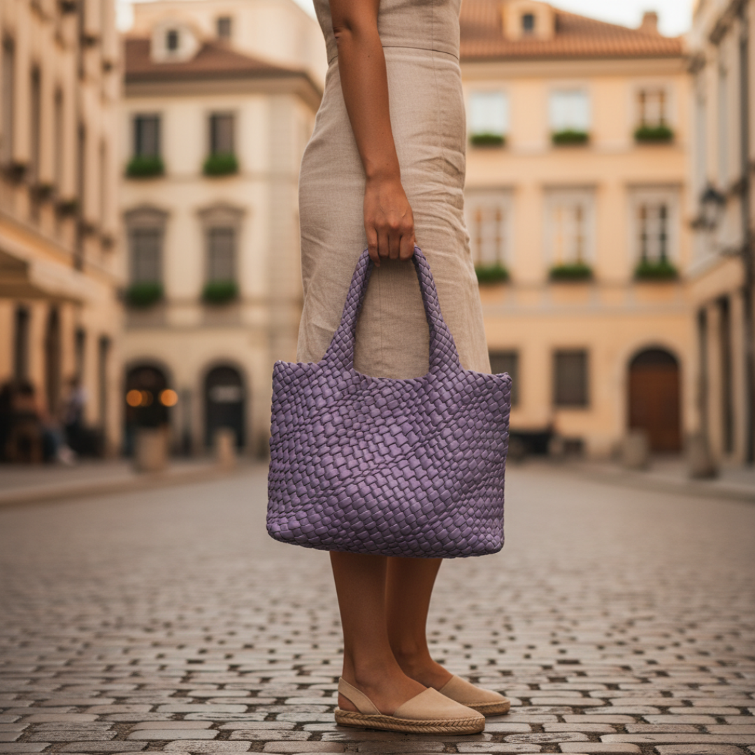 Women's black woven leather tote bag elegant spacious silhouette with timeless finish for everyday use