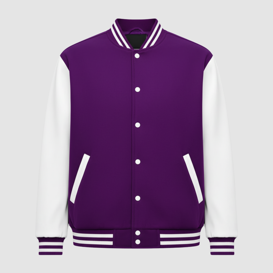 Two-tone varsity jacket unisex snap-front ribbed trim striped white sleeves college style