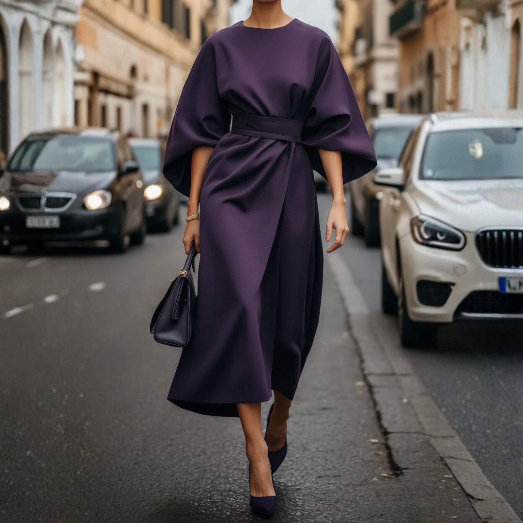 Women's balloon sleeve belted dress in elegant fit, available in beige, black, red & navy blue