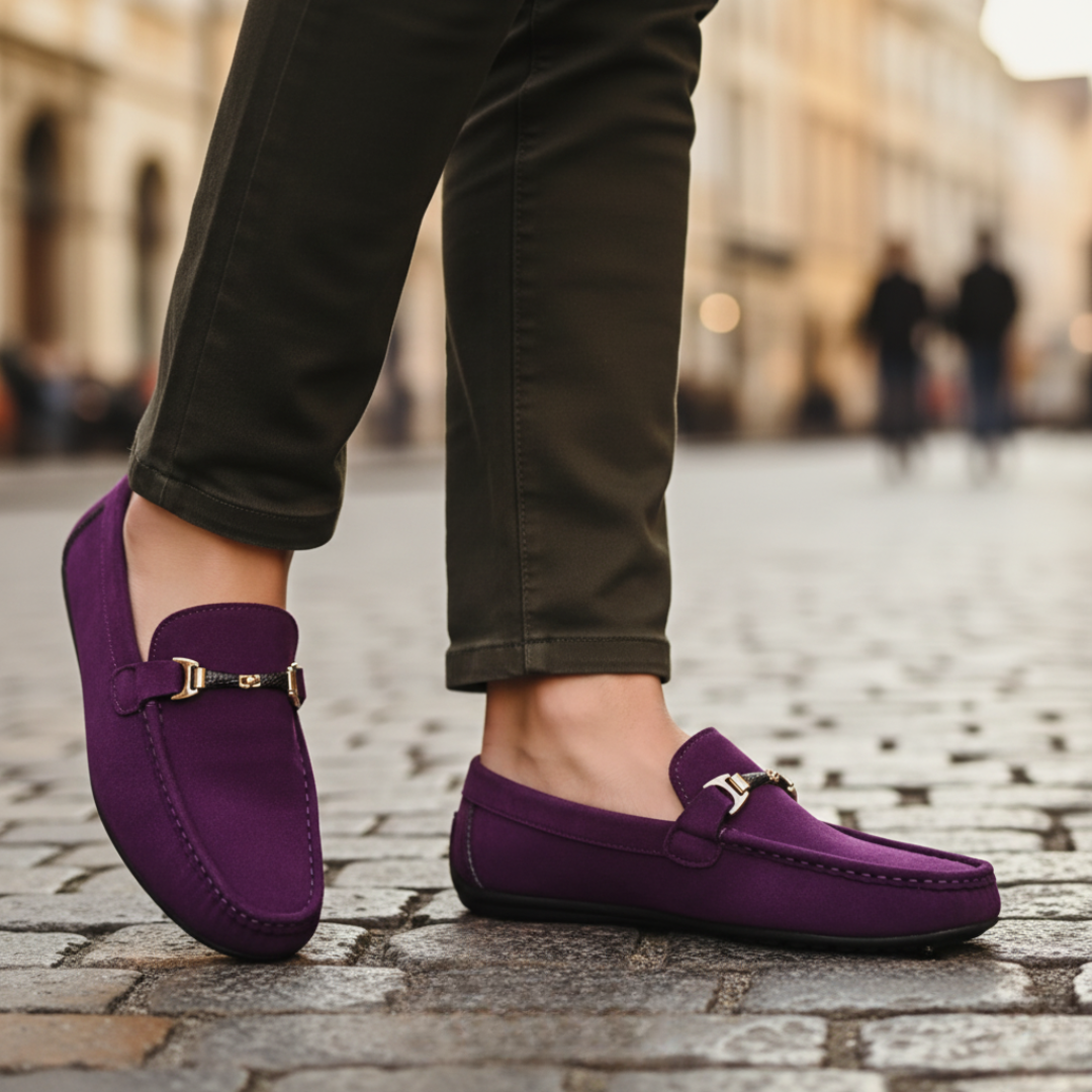 Men's leather moccasins with decorative buckle, available in seven colors, elegant slip-on everyday loafers