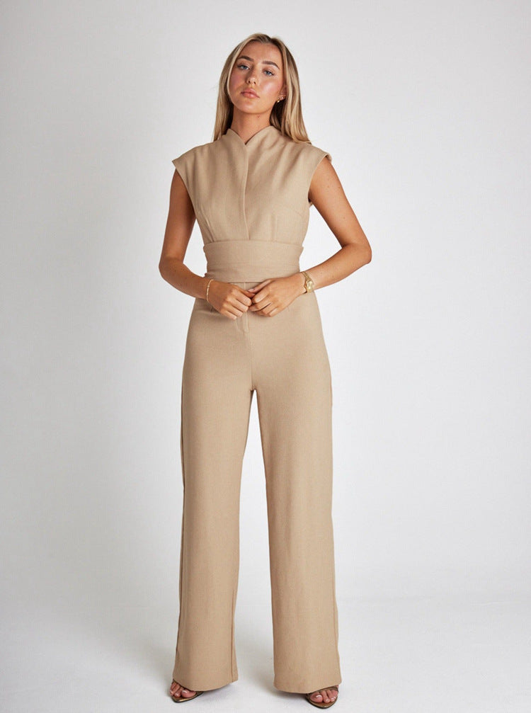 Violet sleeveless women's jumpsuit with adjustable wrap belt for a tailored waist-defining silhouette