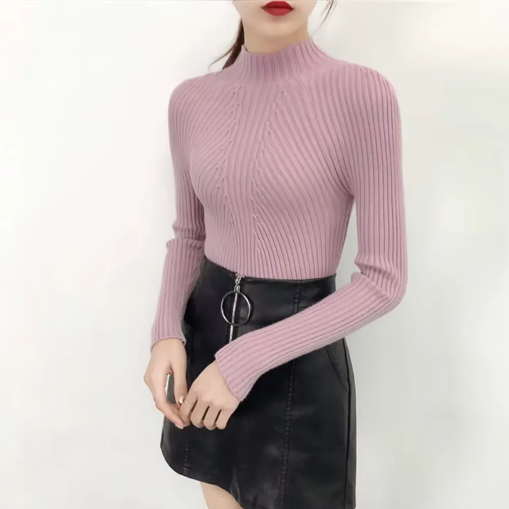 Women's slim fit turtleneck knit top in soft cozy fabric, flattering silhouette for layering